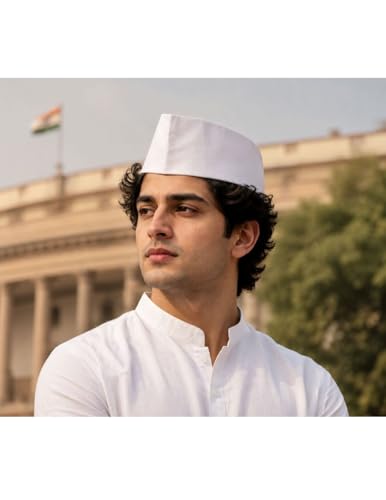 Image of BookMyCostume White Nehru Cap and Gandhi Topi - Freedom Fighter Netaji Cap - Historical Costume Accessory for School Fancy Dress, Independence Day, and Republic Day Functions | Kids and Adults