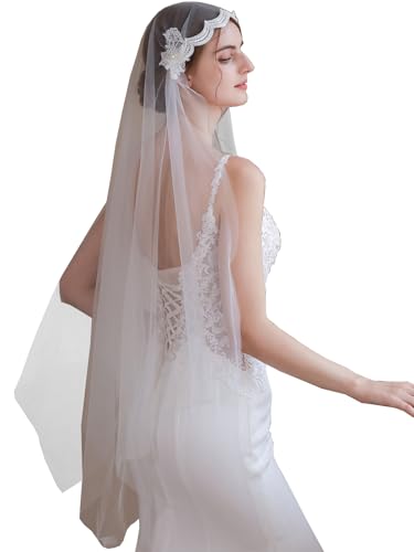 Velo de novia de encaje y longitud de vals con clips de metal para peinados