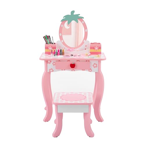 Image of Vanity Set,ShyneeMakeup Dressing Vanity Set Wooden Princess Makeup Table with Cushioned Stool,Drawer,Wooden Legs and Mirror, Make Up Dressing Play Set for Girls (White)