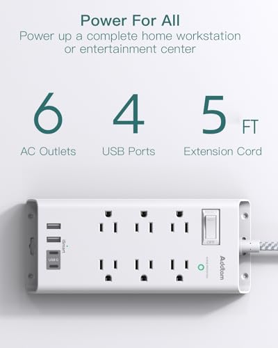 Image of Addtam Power Strip Surge Protector 6 Outlets and 3 USB Ports 5Ft Long Extension Cord, Flat Plug Overload Surge Protection Outlet Strip, Wall Mount for Home, Office and Dorm