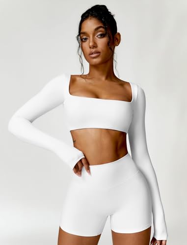 Image of ABOCIW Women Square Neck Long Sleeve Workout Crop Top Low Medium Impact Athletic Yoga Gym Shirts with Built in Bra(ONLY TOP)