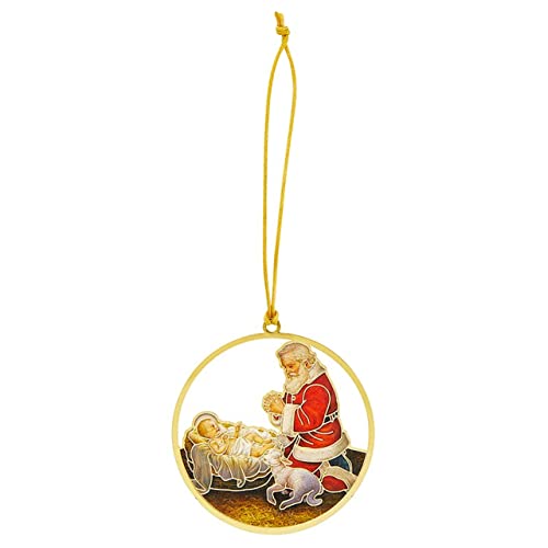 Adoring Santa Brass Round Hanging Ornament With Gold Tone Finish And Enamel Design Featuring Santa Claus With Baby Jesus #TOP1