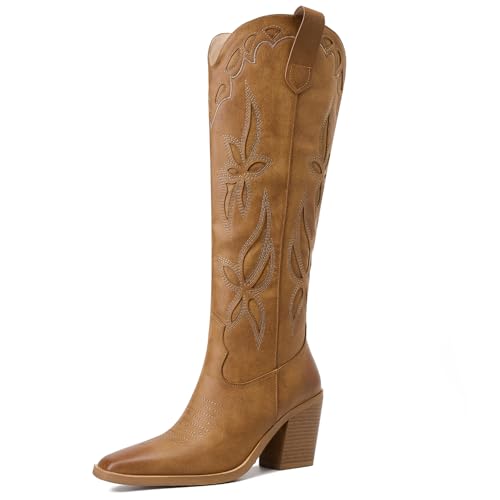 GOSERCE Cowboy Boots for Women - Western Cowgirl Boots Knee High Country Boots Pointed Toe with Embroidery Chunky Stacked Heel