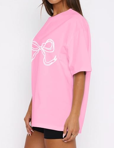 MISSACTIVER Women’s Oversized Bow Graphic T-Shirt Drop Shoulder Short Sleeve Graphics Tee Shirt Casual Outfit Going Out Top3