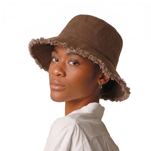 CHOK.LIDS Frayed Bucket Hats for Women Men Unisex Trendy Washed Cotton Floppy Wide Brim Boonie Outdoor Summer Beach Headwear (Brown)