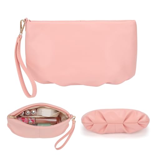 onemoky Small Makeup Bag, Travel Makeup Bag for Women, Portable Make Up Organizer, Waterproof PU Leather Cosmetic Pouch, Soft Make Up Pouch for Cosmetics & Toiletries (Pink)