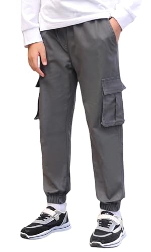 AUBIG Boys Cargo Joggers Pants Elastic Waist Casual Jogging Trousers Bottom for Kids Hiking School Sweatpants 5-16 Years