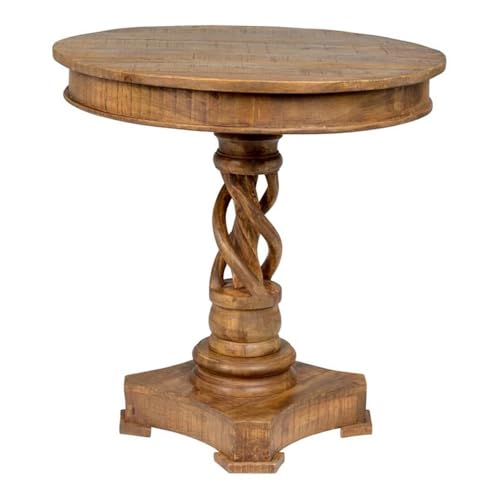 Pemberly Row 30 Round Mango Wood Table Distressed Honey Brown Finish Hand-Carved Pedestal Base Artistic Accent Table for Entryway Living Room or Dining Room Decor