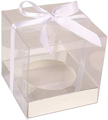 3.5×3.5×3.5" (9 * 9 * 9cm) Set of 12, Clear PVC Cupcake Box Bakery Box Gift Wrapping Box DIY Craft Pudding Case Box Wedding Birthday Party Favor Pastry Box with Insert Holder (Silver)