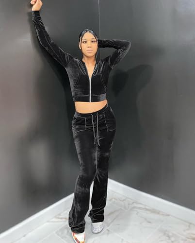 yidengymx Womens 2 Piece Velour Tracksuit Two Piece Outfits for Women Long Sleeve Zip Up Crop Tops Sweatpants Sets Pockets4