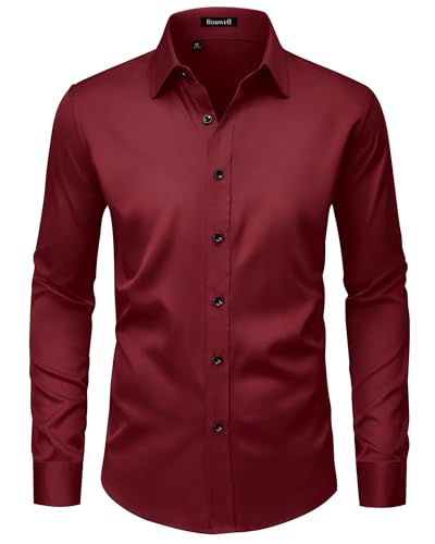 ROUWELL Dark Red Dress Shirt for Men Slim Fit Long Sleeve Wrinkle Free Wedding Dating Prom Stretch Button Down Shirts M