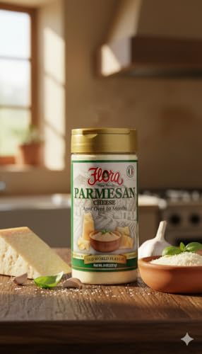 Flora Grated Parmesan Cheese, Aged Over 10 Months, Authentic Italian Old World Flavor, Premium Grated Parmesan for Pasta, Pizza, Salads and More, 8 oz