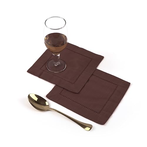 Image of Fingercraft Cotton Cocktail Napkins 6x6 Inches - Set of 12 Reusable Cloth Beverage Coasters with Elegant Ladder Hemstitch - Perfect for Parties, Bars & Home Use (Chocolate Slub)