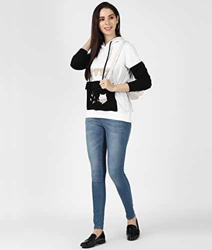 Image of UrbanMark Women Graphic Printed Colorblock Hooded Sweatshirt-White