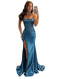 Ontoefy Square Neck Satin Long Prom Dresses for Women Tiered Mermaid Cocktail Evening Gown with Bow Peacock 2