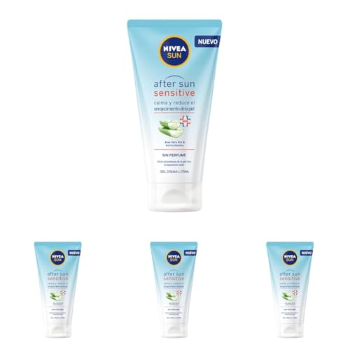 NIVEA SUN After Sun Sensitive Gel-Crema (1 x 175 ml), crema calmante con aloe vera, crema hidratante para piel sensible y con alergia al sol (Paquete de 4)