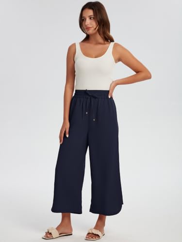 Les umes Womens Linen Wide Leg Cropped Pants High Elastic Waist with Drawstring Casual Summer Ankle Trousers2
