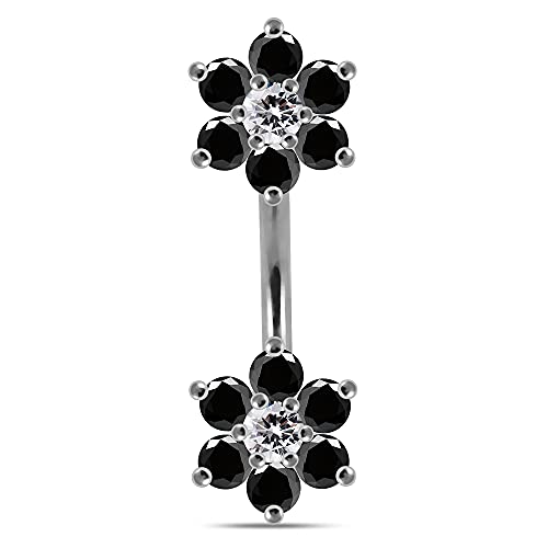 AtoZ Piercing Black CZ Stone Double Side Mini Flower 925 Sterling Silver Belly Button Ring Jewelry