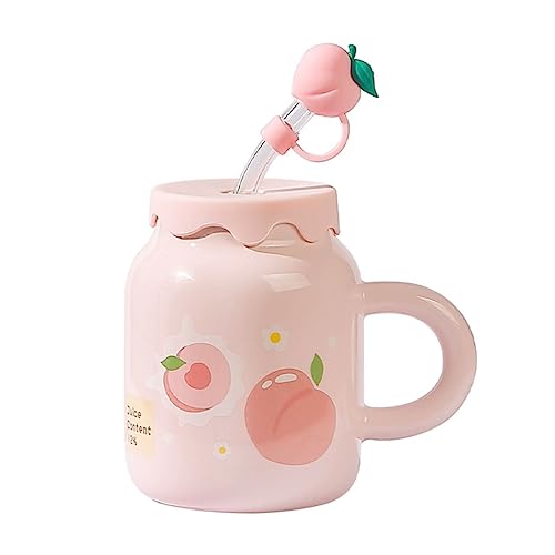 SUREK Taza de café portátil taza de cerámica juego de taza creativa con pajita y tapa taza de viaje reutilizable portátil 400 ml / 14 oz hogar oficina hermosa