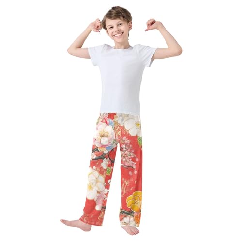 ZZXXB Spring Chinese Flowers Boys Long Pants Soft Trousers Elastic Waist Kids Lounge Bottoms with Pockets S-XL3