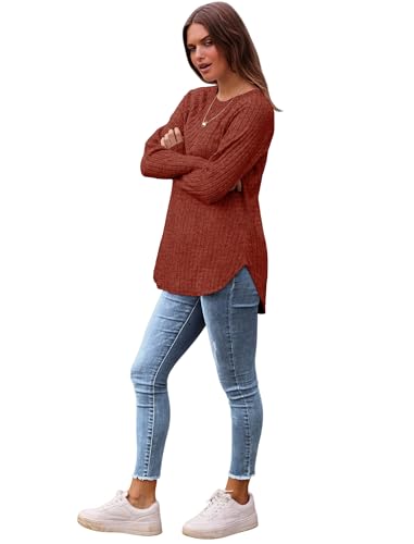 Image of Saloogoe Long Sleeve Shirts for Women 2025 Fall Clothes Tunic Tops Loose Fit Dressy Crewneck Pullover Sweaters Curved Hem