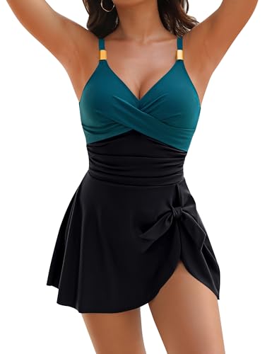 Blooming Jelly Womens One Piece Swimsuits Tummy Control Swimsuit Ruched Long Torso 2026 Swim Suits (L, Blue Green/Black)