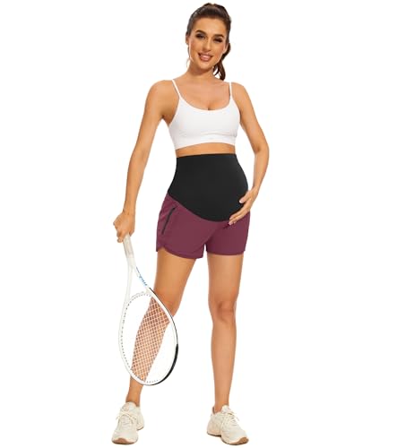 Image of PACBREEZE Women's Maternity Shorts Over Belly Quick Dry Workout Athletic Running Shorts with Zipper Pockets