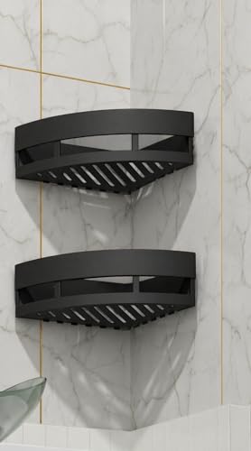 Image of Corner Bathroom Shelf Wall Mounted, Space Saving Storage Rack, Rustproof Organizer Stand for Toiletries Kitchen Accessories, Heavy Duty No Drill Corner Shelf for Bathroom Wall Use (Black, 1 Pack)