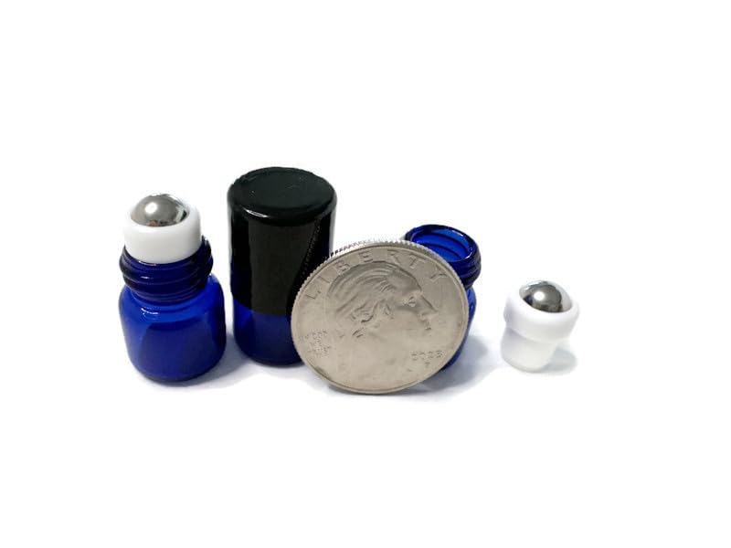 COBALT BLUE 1ml Glass Micro Mini Roll on Roller Bottles with Stainless Steel Roller Balls and Flat Black Caps 144 each.