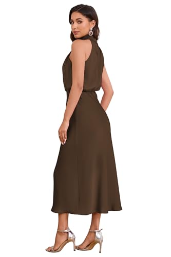 Image of Women's Satin Maxi Dress Summer Formal Wedding Guest Cocktail Dress | Mock Neck Sleeveless,Elegant Silk Midi Long Dress,High Neck,Halter,Aline,Bridesmaid,Bridal Shower Guest,Garden Party,Dinner