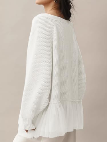 ebossy Women's Elegant Tulle Patchwork Ruffle Sweaters Coat Chunky Knit Long Sleeve Open Front Cardigans Outwear2