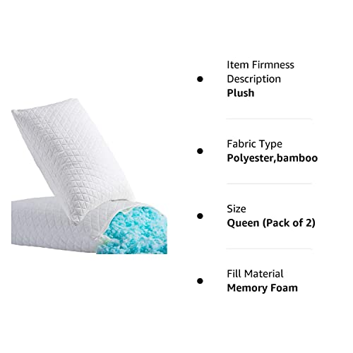 Shredded Memory Foam, Sleeping,Bed Pillows Queen Size Set Of 2 Pack Cooling Adjustable,Good For Side And Back Sleeper With Washable Removable Bamboo Cover #TOP7