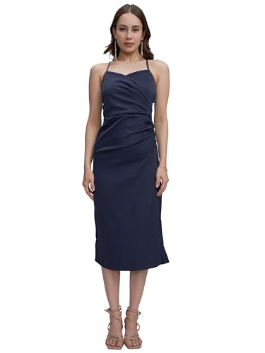 Image of Tokyo Talkies Women's Elegant Ruched Strappy Sheath Midi Dress with High Slit A Chic Statement for Evenings & Special Occasions