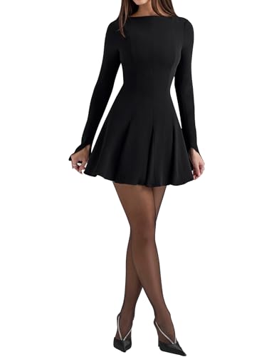 Azhong Women's Long Sleeve Boat Neck Bodycon Mini Dress Pleated Fit and Flare Simple Y2K Prom Dress