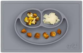 ezpz Happy Mat (Gray) New Version - 100% Silicone Suction Plate with Built-in Placemat for Toddlers + Preschoolers - Divided Plate - Dishwasher Safe