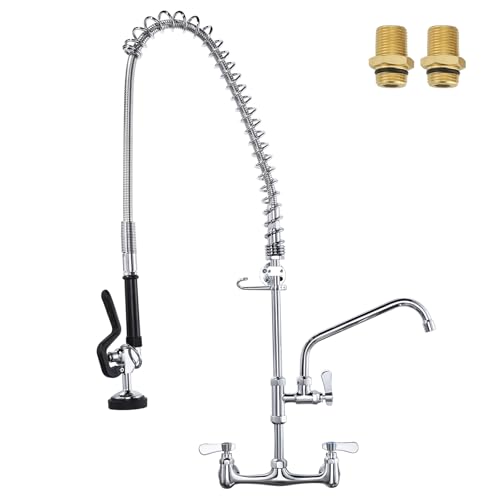Image of 36 inch Height Commercial Faucet Wall Mount with Sprayer 8 inch Adjustable Center 10 inch Swing Spout, Kitchen Sink Faucet with Pull Down Pre-Rinse Sprayer for Restaurant Industrial Kitchen, Chrome