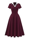 Dressystar Women V Neck 1950s Vintage Short Sleeves Dress Retro A Line Swing Rockabilly Cocktail Party Dresses with Pockets Burgundy M
