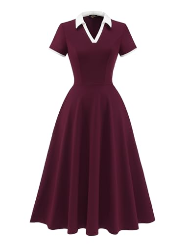 Dressystar Women V Neck 1950s Vintage Short Sleeves Dress Retro A Line Swing Rockabilly Cocktail Party Dresses with Pockets Burgundy M