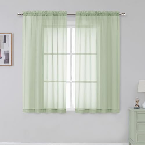 Image of Simplebrand Rod Pocket Top Solid Voile Sheer Curtains for Bedroom, 54 Inch Length Drapes Set of 2, Lightweight and Light Filtering Elegant Curtains Panels Window Treatment, 42Wx54L, Light Green