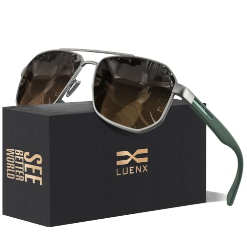 Image of LUENX Aviator Sunglasses for Men Square Polarized Polygon Lens - UV 400 Protection with Accessories Driving Outdoor