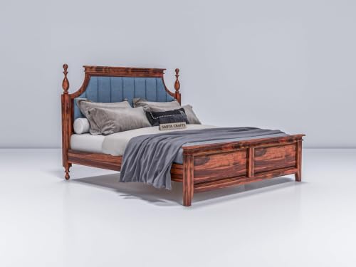Image of Craft Solid Sheesham Wood Low Height King Size Bed Without Storage | Wooden Double Bed | Low Floor /Lying /Rise /Level /Profile Cot with Blue Upholstered Cushioned Headboard, Honey-B25