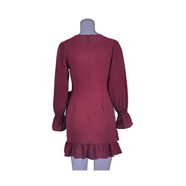 WEEPINLEE Womens Long Sleeve Round Neck Ruffles Wrap Dresses Party Dress (Wine Red, M)