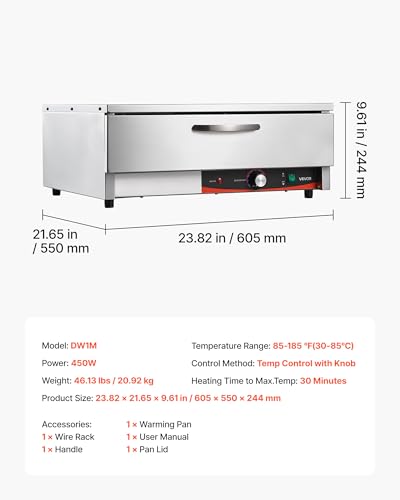 Image of VEVOR Commercial Electric Drawer Warmer, Single-Drawer Stainless Steel Food Warmer, Freestanding Compact Warming Drawer Cabinet, 85F-185F Wide Temperature Range, for Restaurant, Hotel & Bakery