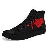 High-Top Sneakers for Men & Women – Heartbeat Love Design Canvas Shoes Stylish Casual Streetwear Walking Shoes, Trendy Lover Gift Black-red