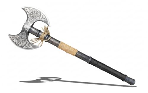 NovaHaven Hacha vikinga de doble cabeza – Hacha forjada a mano de acero al carbono con mango de madera de fresno, envoltura de cuero y vaina de cuero, ideal para coleccionistas, al aire libre y como