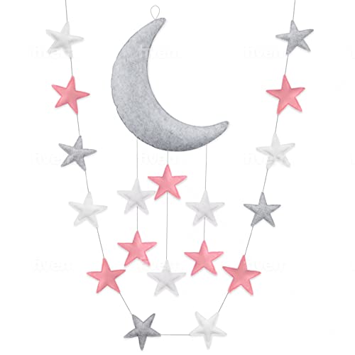 Image of Pink and Gray Moon and Star Nursery décor for Girls with Stars for Nursery Felt Garland Stars and Moon Nursery Wall décor for Baby Girl Nursery Pink and Gray
