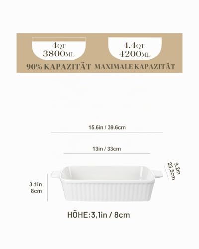 MALACASA Auflaufform Groß, 40 cm Rechteckig Ofenform mit Griffen, Weiß – Ansicht 2