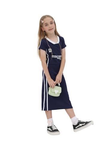 Girl's T Shirt Long Dress, Maxi Cotton T-Shirt Dress for Children Casual V Neck Short Sleeve Letter Print 4-13 Years