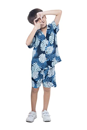 Matching Hawaiian Luau Sibling Boy Girl Round Neck Dress Aloha Shirt in Pacific Palm Navy3