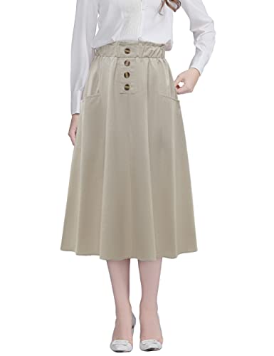 MUADRESS 9019 Vintage A-Line Falda Midi Acampanada Mujer Falda Larga Algodón Cintura Elástica con Bolsillos y Botones Color Sólido Beige L